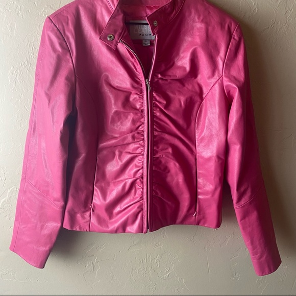 Wilson’s Leather Bubblegum Pink Jacket Zip Closure Ruched Front Womens Large Y2K - Picture 3 of 10